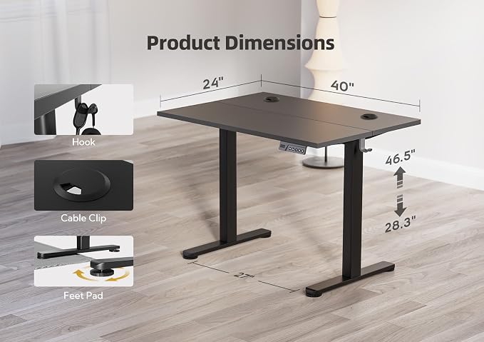YDN Electric Standing Desk, 40 x 24 Inches Adjustable Height Stand up Desk with Cable Management, Home Office Desks with Splice Board & Frame, Black Top - Image 3