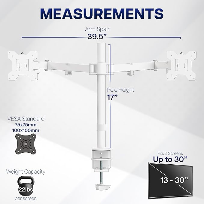 VIVO Dual Ultrawide Monitor Desk Mount, Heavy Duty Fully Adjustable Steel Stand, Holds 2 Computer Screens up to 38 inches and Max 22lbs Each, White, STAND-V038W - Image 4
