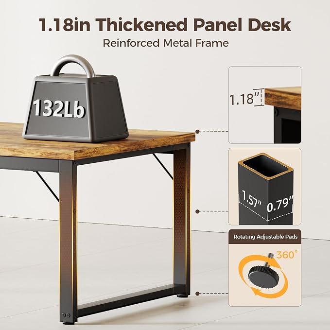 Mericonia 54 Inch Computer Desk with Power Outlets, 1.2" Thick Office Table | Modern Simple Style, Heavy Duty Industrial Frame, Study & Writing Table for Home Bedroom Work, Brown - Image 4