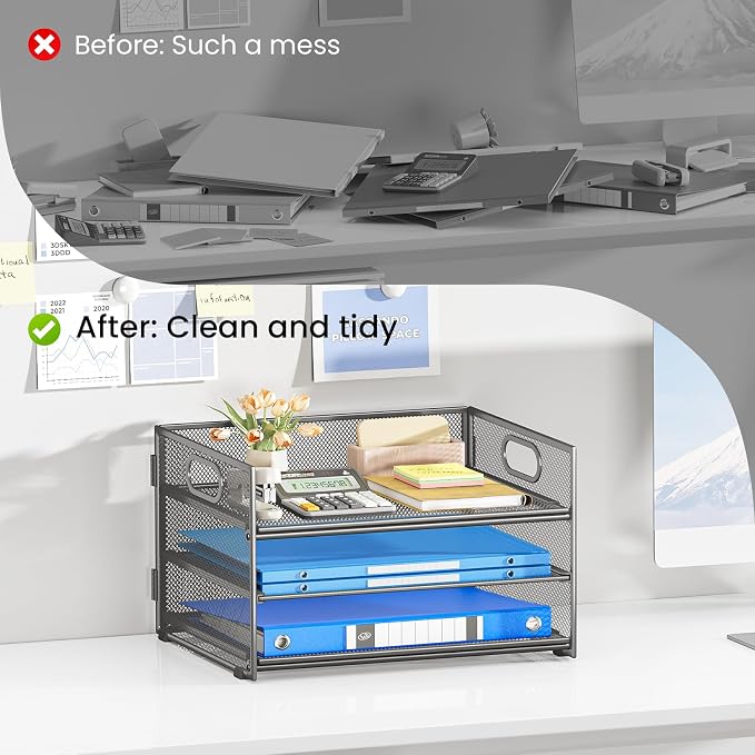Subekyu 3 Tier Paper Letter Tray Organizer for Desk, Gray Metal Mesh Desk File Folder Sorter Organizer with Handle and Sliding Tray for Home, Office, School Supplies Organization Storage - Image 2