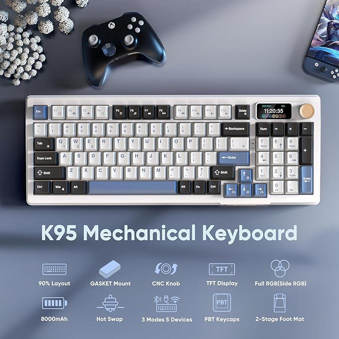 RedThunder K95 Wireless Mechanical Keyboard, TFT Screen & Knob, Tri-Mode BT5.0/2.4GHz/USB-C Hot Swappable Custom, Pre-lubed Linear Switches, Gasket Structure, RGB Gaming Keyboard, Snowy White-Blue - Image 6