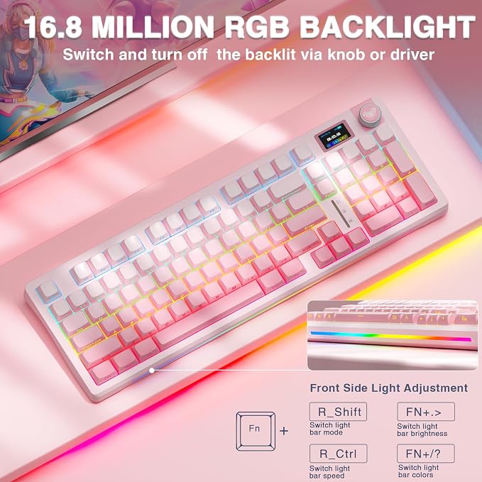 AULA S98 Pro Wireless Mechanical Keyboard with Screen & Knob,2.4GHz/USB-C/BT5.0 Hot Swappable Pink Creamy Keyboard,Pre-lubed Linear Switches,Side Printed PBT Keycaps,RGB Backlit Gaming Keyboards - Image 6