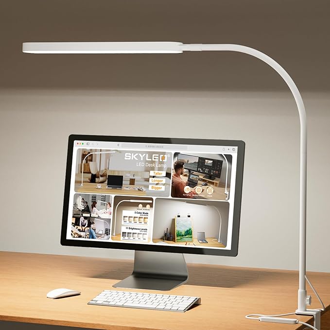 SKYLEO Led Desk Lamp - 33.5" Desk Light - Flexible Gooseneck - 5 Color Modes X 11 Brightness Levels - 1300LM - Timmer & Memory Function - 12W Clip on Light - White by SKYLEO