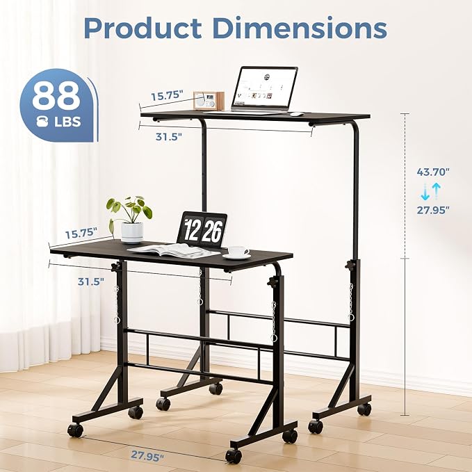 DUMOS 31.5" Walking Pad Desk, Laptop Desk, Home Office | Lockable Wheels, Adjustable Height, Portable Rolling Design, Treadmill Use, Stand Up Style, Black - Image 2