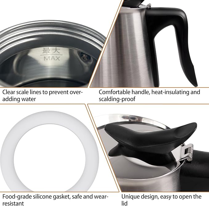 Electric Stainless Steel Moka Pot 6 Cup 300ml Mocha Pot | Espresso Maker with Detachable Base Ideal Coffee Maker for Home Italian and Cuban Café Coffeemaker Espressomaker Coffee Pot - Image 8