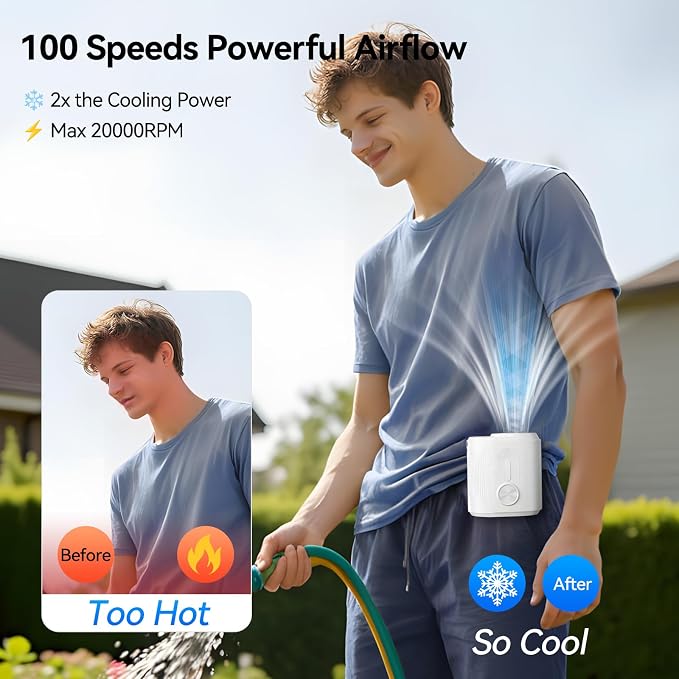 KIMMOO Smart Portable Rechargeable Fan with Ice Cooler, 100-Speed, 20000RPM Turbo Cooling Personal Waist Fan, 4000mAh Wearable Neck & Belt Clip Fan for Work Camping Outdoor Hiking, White - Image 4