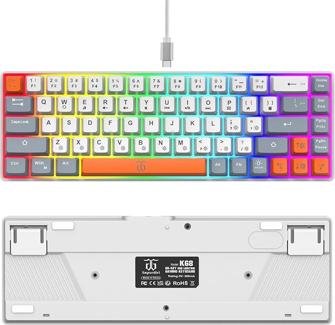 Snpurdiri 60% Percent Gaming Keyboard (68 Keys, White-Grey-Orange) | Ergonomic Compact RGB Backlit Small Gaming Keyboard for Windows, PC, Laptop - Image 3