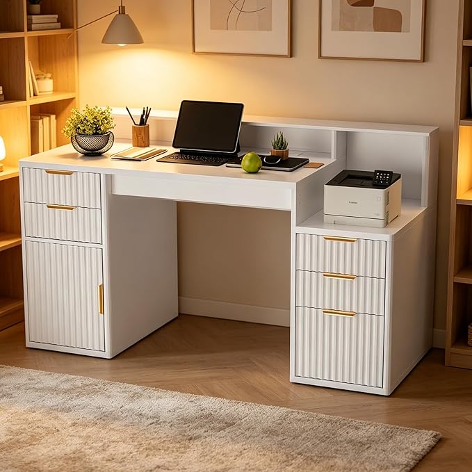 Garvee Rectangular Computer Desk with Hutch & Printer Stand, Ripple Door Storage Home Office Desk, Space-Saving Study Writing Desk for Bedroom, Sturdy Board Student Desk with Easy Assembly, White by Garvee