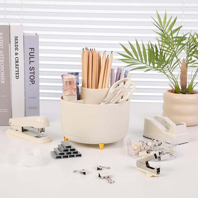 SKYDUE Desk Organizer Set with 360° Rotating Pen Holder | Includes Stapler, Scissors, Tape Dispenser, Clips, Pins & Accessories, For Home Office, School, Teacher - Image 7