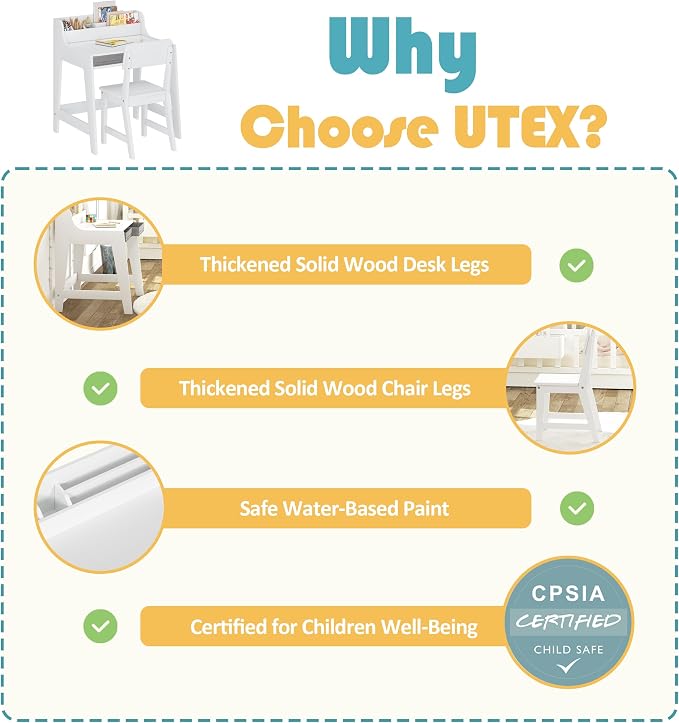 UTEX Wooden Kids Desk and Chair Set with 2 Fabrics Drawers for Study Room | Kids Study Desk with Stand-up Organizer, Water-based Paint, Student Writing Desk for Bedroom - Image 2