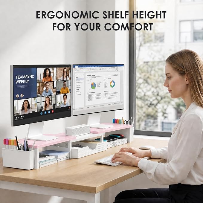 OPNICE Desk Organizers and Accessories, Dual Monitor Stand Riser with Drawer and 2 Pen Holders, Desk Shelf Wood Computer Racks for Office Workspace Organizers, Desktop Organization (Pink-White Wood) - Image 2