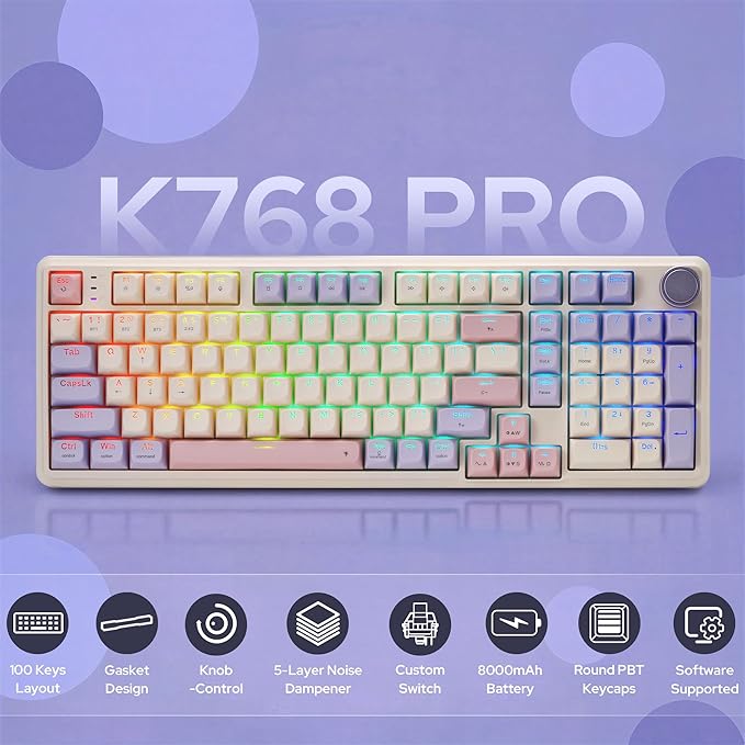 Redragon K768 PRO Wireless 100-Key Gasket Gaming Keyboard, Knob + 8000mAh | Multi-Function Control Wheel, 0-Delay Tri-Mode, Cushioned 5-Layer Noise Dampening for Creamy Thocky Sound, Practical 95% Size - Image 2