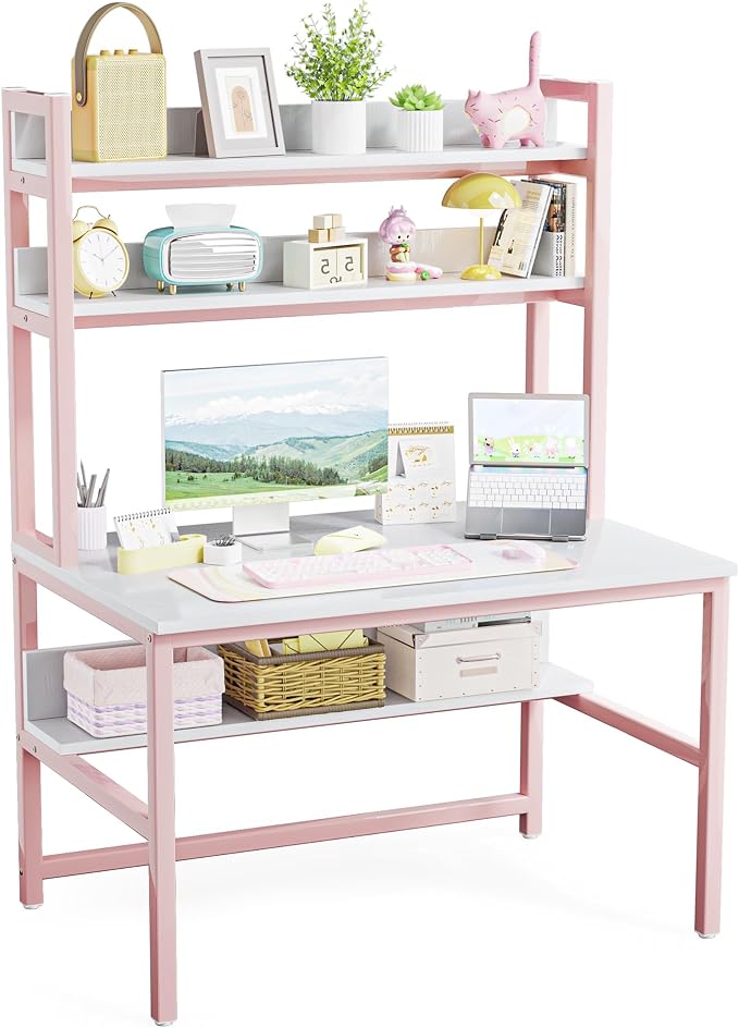 Aquzee Pink Girls Desk Hutch, 47in Woman Computer Desk with Bookshelf & Storage Shelves, Space Saving Girls Writing Study Craft Table for Bedroom Kids Room, White Wood & Pink Iron Home Office Desks by Aquzee