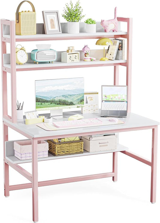 Aquzee Pink Girls Desk Hutch, 47in Woman Computer Desk with Bookshelf & Storage Shelves, Space Saving Girls Writing Study Craft Table for Bedroom Kids Room, White Wood & Pink Iron Home Office Desks by Aquzee