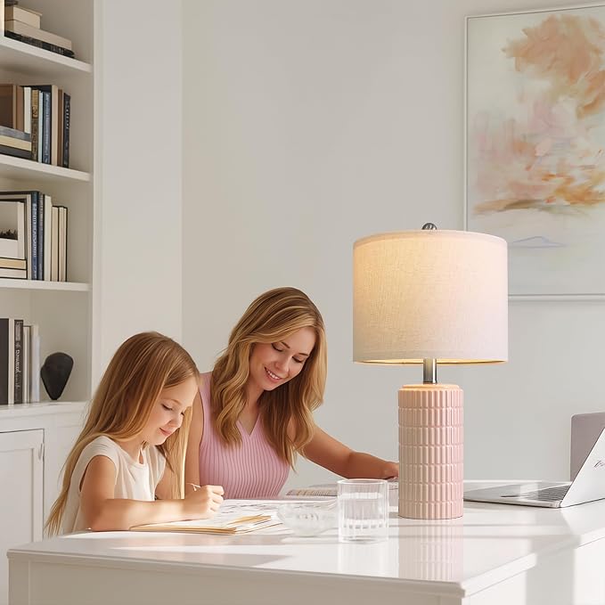 PoKat 20.75" Pink Ceramic Table Lamps Set of 2, Small Modern Bedroom Lamps for Girls Room, Bedside Lamps for Night Stands, Cute Lamps for Living Room Decor, Nightstands Desk Lamp, Light Pink - Image 3