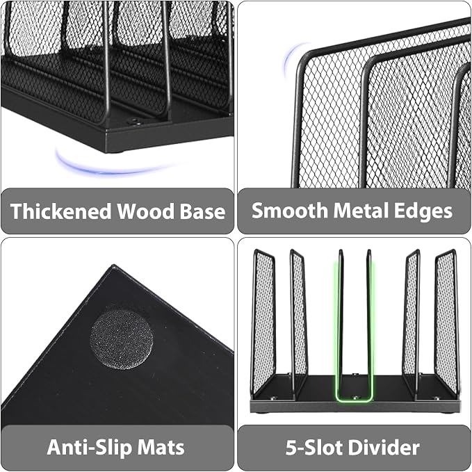 LEKETREE Desk File Organizer, 5-Section Upright File Sorter, Vertical File Folder Holder, Mesh Metal Wood Office Desktop Organization for Document, Magazine, Books and more (Black) - Image 5