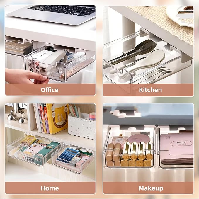 TooCust 2 Pack Under Desk Storage Drawers Slide Out-Drill-On or Self-Adhesive,Large&Medium Drawer Under Desk Organizer Under Table Drawer for Home Office School Organization and Storage - Image 2