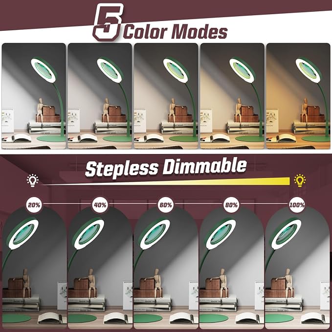 10X Magnifying Glass with Light and Stand, 5 Color Modes Stepless Dimmable LED Lighted Desk Lamp, Hands Free Flexible Gooseneck Magnifier with Light for Craft Hobby Painting Close Work - Green - Image 3