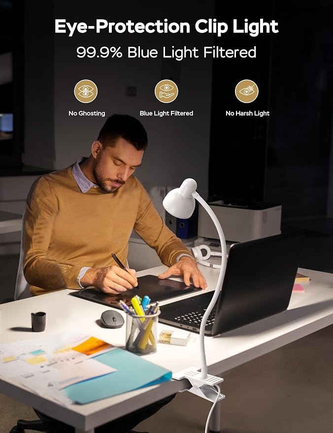 LiFMIRA Clip on Lamp USB Reading Light, Desk Lamp with Clamp White | 3 Color Modes, 10 Dimmable Brightness Eye Care Clamp Lamp with Flexible Gooseneck for Reading in Bed Desk Headboard Computer - Image 3