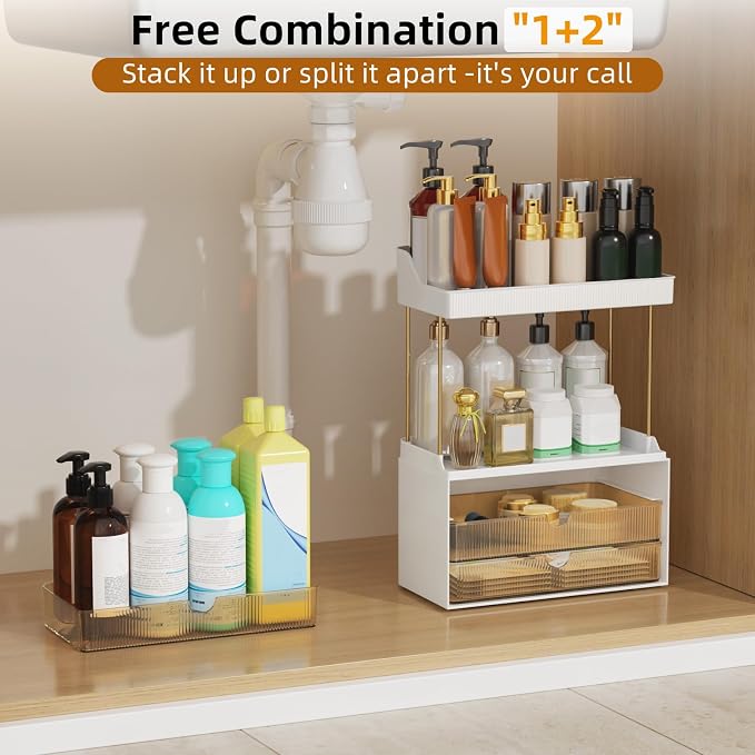 StorBin Arcylic 5-Tier Makeup & Skincare Organizer for Vanity, Bath, 2 Sets | Smooth 3 drawers, clear body, gold frame, non-slip, for perfumes, serums, face masks, palettes, vanity & bath counter,Amber - Image 7