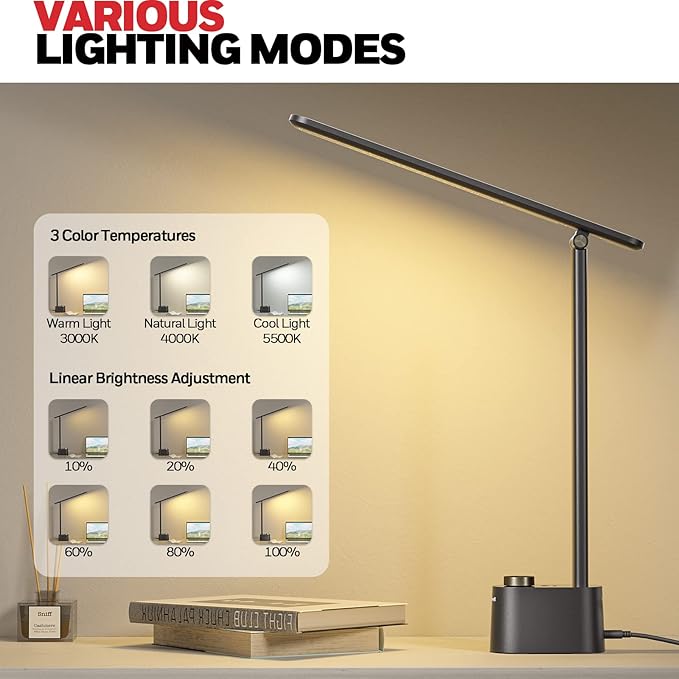 Honeywell Sunturalux™ LED Desk Lamp with USB Charging Ports HWT-H01 - Stepless Dimmable Eye Caring Desk Light for Home Office Bedroom Bedside College Dorm, Foldable Table Lamp Reading Lamp Black - Image 3