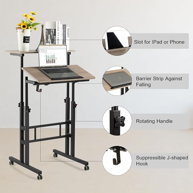 Hadulcet Mobile Standing Desk Adjustable Height with Charging Station | Standing Computer Desk, Standing Adjustable Laptop Cart with Wheels for Home Office Classroom Light Grey - Image 3
