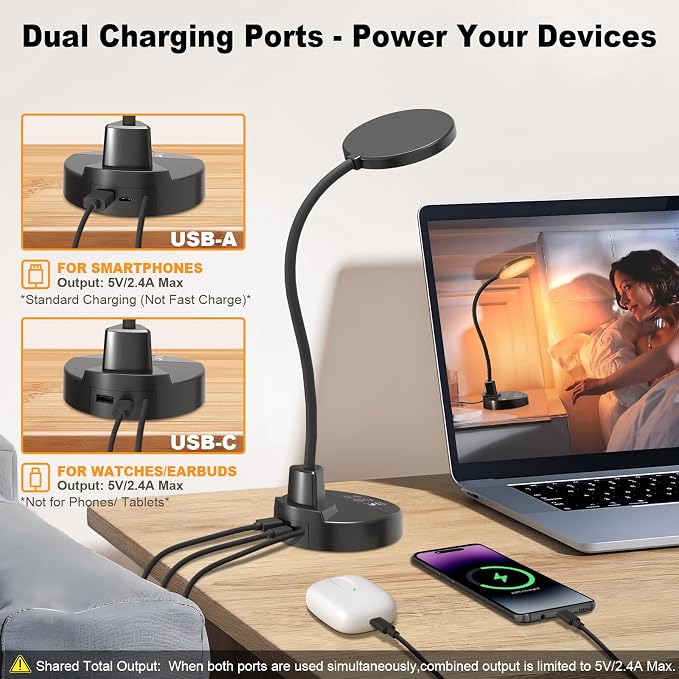 15W LED Desk Lamp with USB Charging Ports – Dimmable Table Lamp with 3 Color Temps, 5 Brightness, 4 Timers, Flexible Gooseneck Light with Base, Eye-Caring Reading Light for Home Office, Bedroom, Study - Image 4
