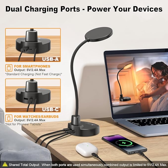 15W LED Desk Lamp with USB Charging Ports, [Button & Remote Control] Dimmable Table Lamp with 3 Color Modes, 5 Brightness Levels, 4 Timers, Flexible Reading Light for Home Office, Bedroom, Kids Study - Image 5