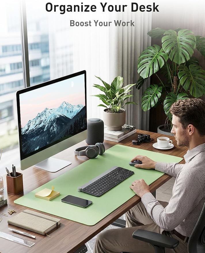 Aothia Faux Leather Desk Mat - Non-Slip PU Leather Desk Blotter, Waterproof Writing Surface, Large Desk Pad for Office & Home (Foam Green, 55" x 17") - Image 3