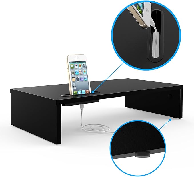 1home Ergonomic Monitor Stand Riser, 21.3 Inch Wood Desktop Stand with Cellphone Holder and Cable Management, Black | Wood Desktop Organizer with Cellphone Holder and Cable Management for PC, Laptop, Printer and Home Office Workspace - Image 2