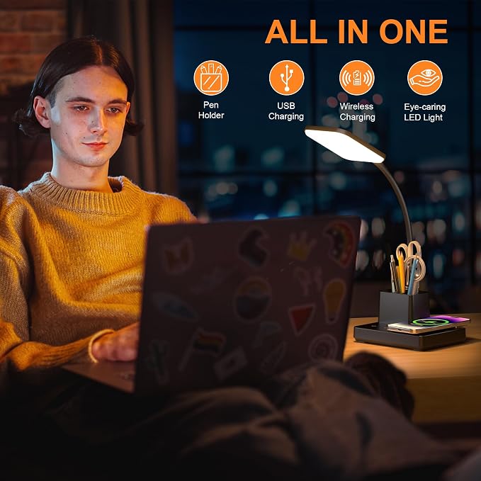 Wireless Charging Desk Lamp USB Charging & Pen Holder, Matte Black | CRI 95, 800LM, Stepless Dimming, 3 Modes, 360°Flexible Arm, Touch, Study Table Lamp for Home Office, Dorm Room, with Adapter - Image 4