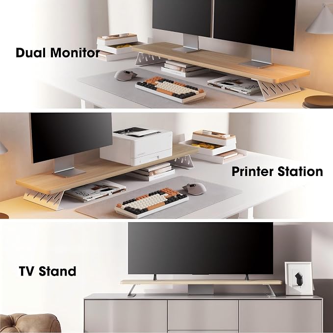 Fenge Dual Monitor Stand Riser, 42.5 Inch Desk Top Shelf for 2 Monitors, Computer Stands for Desk, Wood & Steel Desktop Riser for Laptop, PC, Printer - Image 7
