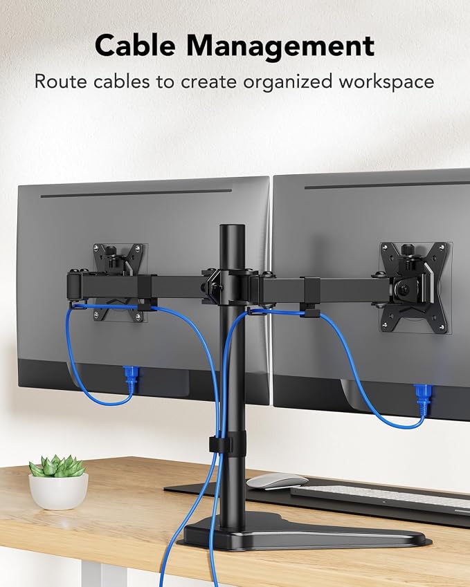 HUANUO 32 inches Dual Monitor Stand up to 17.6lbs per Arm, High-Grade Aluminum Free Standing Dual Monitors Mount for 2 Screens. Fully Adjustable Dual Monitor Stand for Desk with Tilt, Swivel, Rotation - Image 6