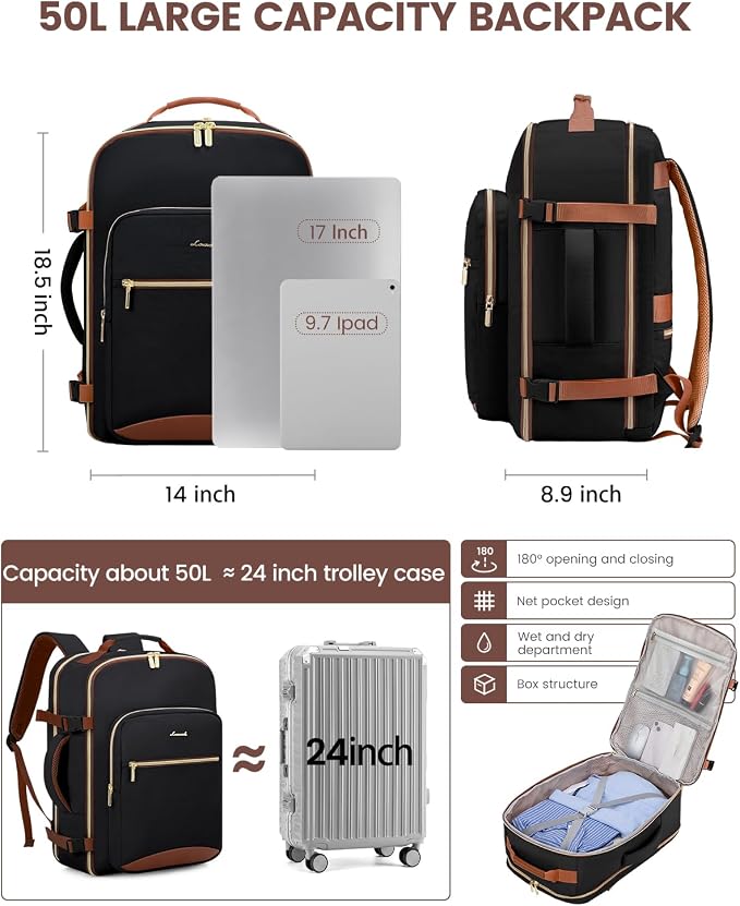 LOVEVOOK 50L Travel Backpack for Women & Men, Airline Approved Carry On Luggage with 3 Packing Cubes, TSA Overnight Bags, Waterproof Personal Item Bag, Weekender Essentials Backpacks fits 17" Laptop - Image 4