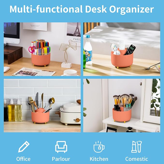 Marbrasse Desk Organizer, 360-Degree Rotating Pen Holder, Desk Organizers and Accessories with 5 Compartments Pencil Holder, Art Supply Storage Box Caddy for Office, Home（Orange） - Image 2