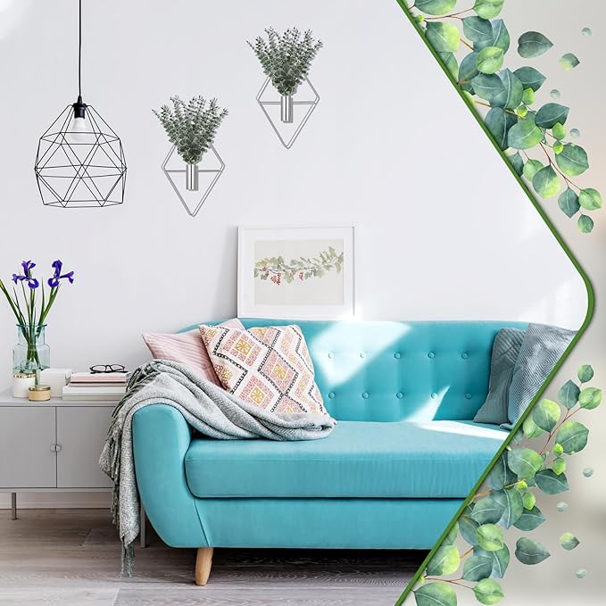 Jexine 4 Pcs Hanging Planters with Artificial Eucalyptus, Chrome Silver Wall Decor Metal Hanging Vase Indoor Plants Holder Modern Geometric Bathroom Decor for Living Room Home Office - Image 5