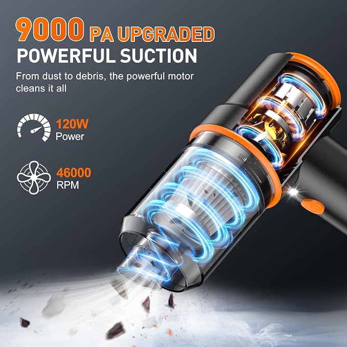KMM Handheld Car Vacuum Cleaner, 9000PA Vacuum Cleaner & Air Duster, 120W High Power Vacuum Portable Cordless, Hand Held Vacuum Rechargeable with Multi-Nozzles & LED Light for Home, Car, Office - Image 2