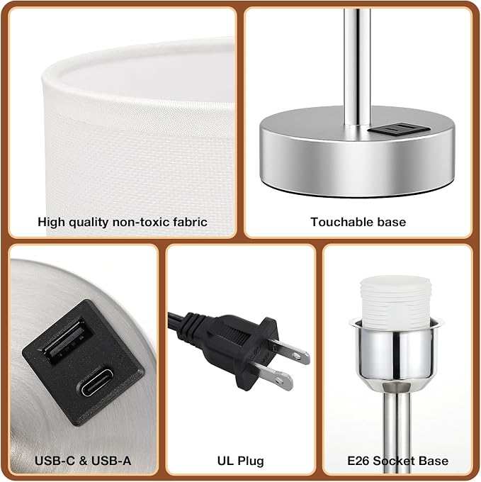Dicoool Bedside Table Lamp for Bedroom - 3-Way Dimmable Touch Lamp, USB A+C | LED Bulb Included, 14" Small Nightstand Lamp for Desk, Living Room, Guest Room, White Fabric Lampshade, Silver Metal Base - Image 2