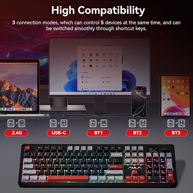 AULA F106 Pro Wireless Gaming Keyboard Creamy Mechanical Keyboards 104 Keys | 8000mAh,Hot Swappable Custom Full Size Knob&Screen,RGB Backlit,Pre-lubed Blaze Switches,PBT Keycaps,Tri-Mode BT/2.4GHz/USB-C - Image 3