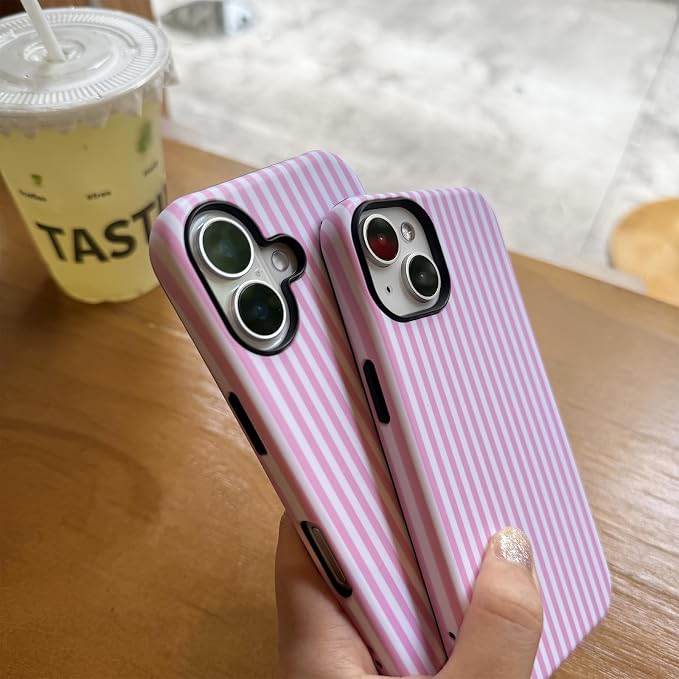 for iPhone 16 Case Striped Cute Aesthetics Phone Case Trendy Protective Shockproof Cover for iPhone 16 Pink White - Image 3