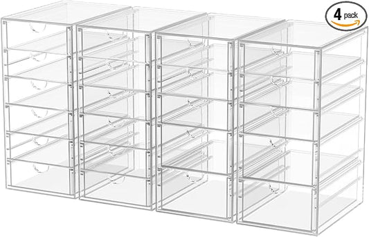 caktraie 4-Pack 22-Drawer Acrylic Storage & Makeup Organizer for Desk | Smooth-glide drawers, clear acrylic, stackable, dustproof, wipe clean, for office supplies, pens, paper clips, thumb drives by shoeboxesanddeskorganizers