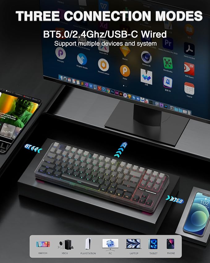 AULA F87 Pro Wireless Mechanical Keyboard,Tri-Mode BT5.0/2.4GHz/USB-C Hot Swappable Custom Keyboard,Pre-lubed Switches,Side Printed PBT Keycaps,75% TKL RGB Backlit Gaming Keyboards - Image 3