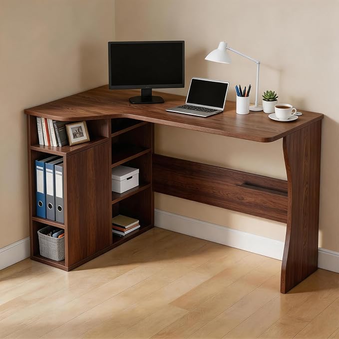 Garvee L Shaped Desk with Storage Shelves, Small Corner Desk for Small Spaces, Corner Table with 3 Tier Shelves, Home Office, Writing Study Gaming Desk, Walnut Wood by Garvee