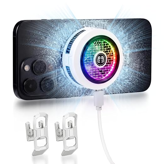 Phone Cooler for Gaming, Low Noise USB Cell Phone Cooler with Smart Temp Control, Phone Cooling Fan with RGB LED Lights, Magnetic Ring & Clip Fan for Phone Gaming & Streaming (White) by Unknown