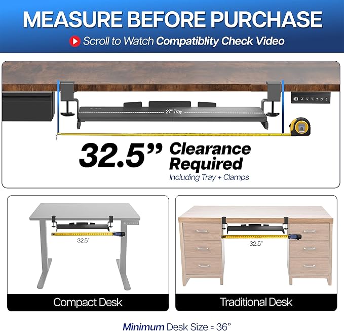 VIVO Large Keyboard Tray Under Desk Pull Out with Extra Sturdy C Clamp Mount System, 27 (33 Including Clamps) x 11 Inch Slide-Out Platform Computer Drawer for Typing, Black, MOUNT-KB05E | Keyboard Tray for Typing, Slide Out Platform, Extra Sturdy C-Cla... - Image 5