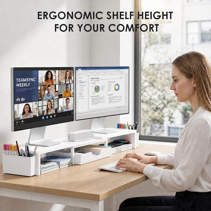 OPNICE Desk Organizers and Accessories, Dual Monitor Stand Riser with Drawer and 2 Pen Holders, Desk Shelf Metal Computer Racks for Office Workspace Organizers, Desktop Organization (White Metal) - Image 2