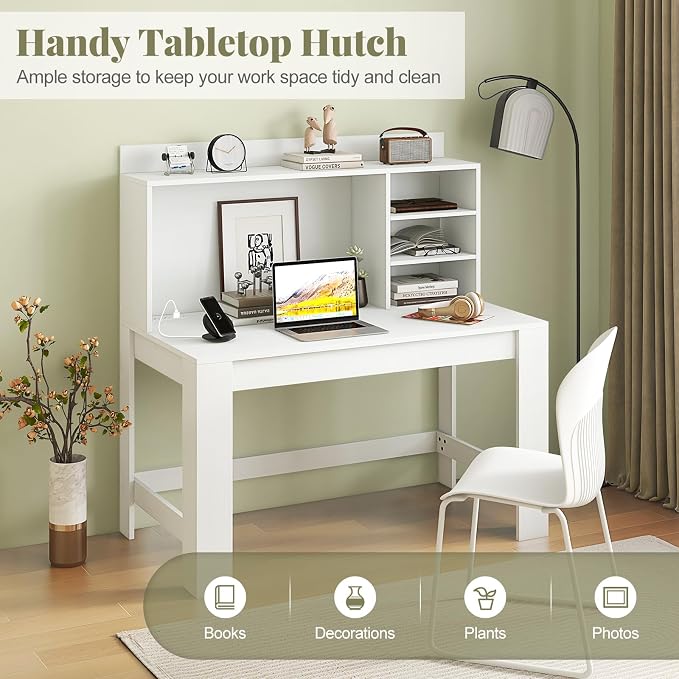 Giantex Computer Desk with Hutch, Modern Home Office Desk with Power Outlets, Storage Shelves & Cable Hole, Makeup Vanity Table, Study Writing Desk for Bedroom Office Small Space, White - Image 4