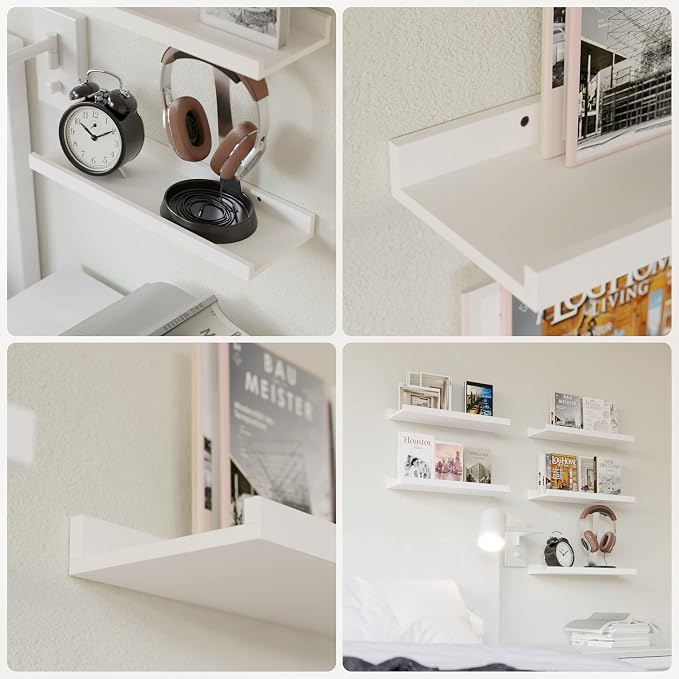 RICHER HOUSE 5-Set Floating Shelves with Lip, White Wall Mounted Wood Shelf | Display Picture Ledge Shelf, Anti-drop lip Shelf for Room Wall Decor, Bedroom Bathroom Storage Nursery Books, Easy Setup 16in - Image 6