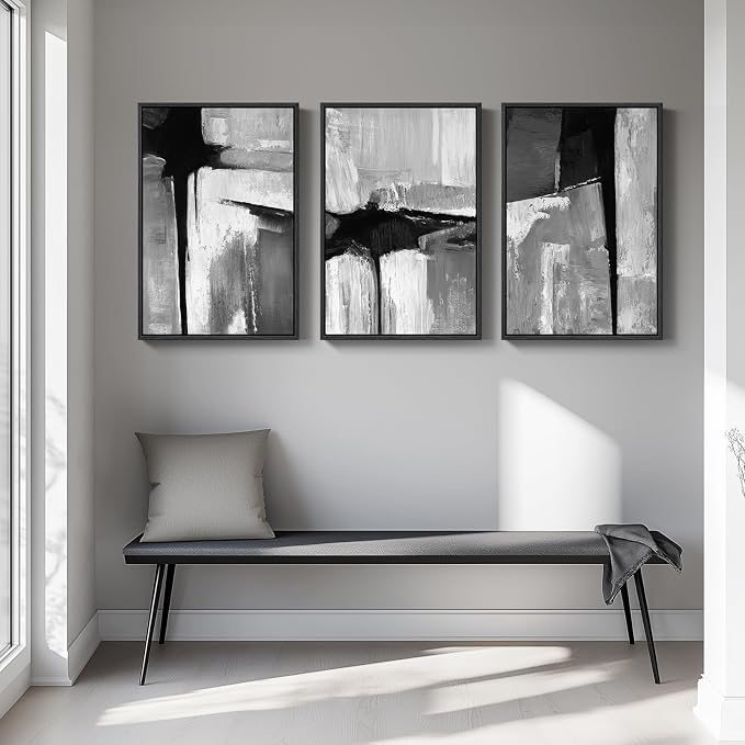 Large Framed Black and White Gray Abstract Wall Art for Living Room, 3 Piece Modern Canvas Prints Paintings Artwork for Walls, Grey Abstract Pictures for Hallway Office Wall Decor 24x36 In - Image 4