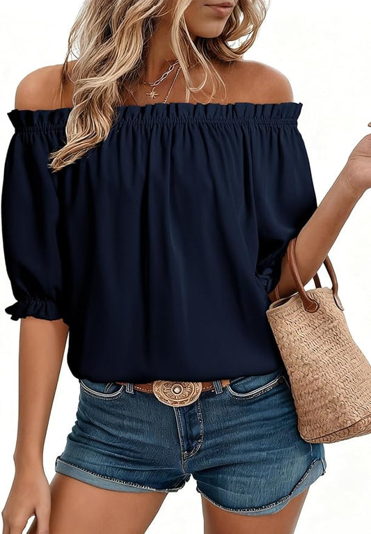 EVALESS Womens Tops Off The Shoulder Blouses for Women Dressy Casual Cute Puff Sleeve T Shirts Fashion 2026 by EVALESS